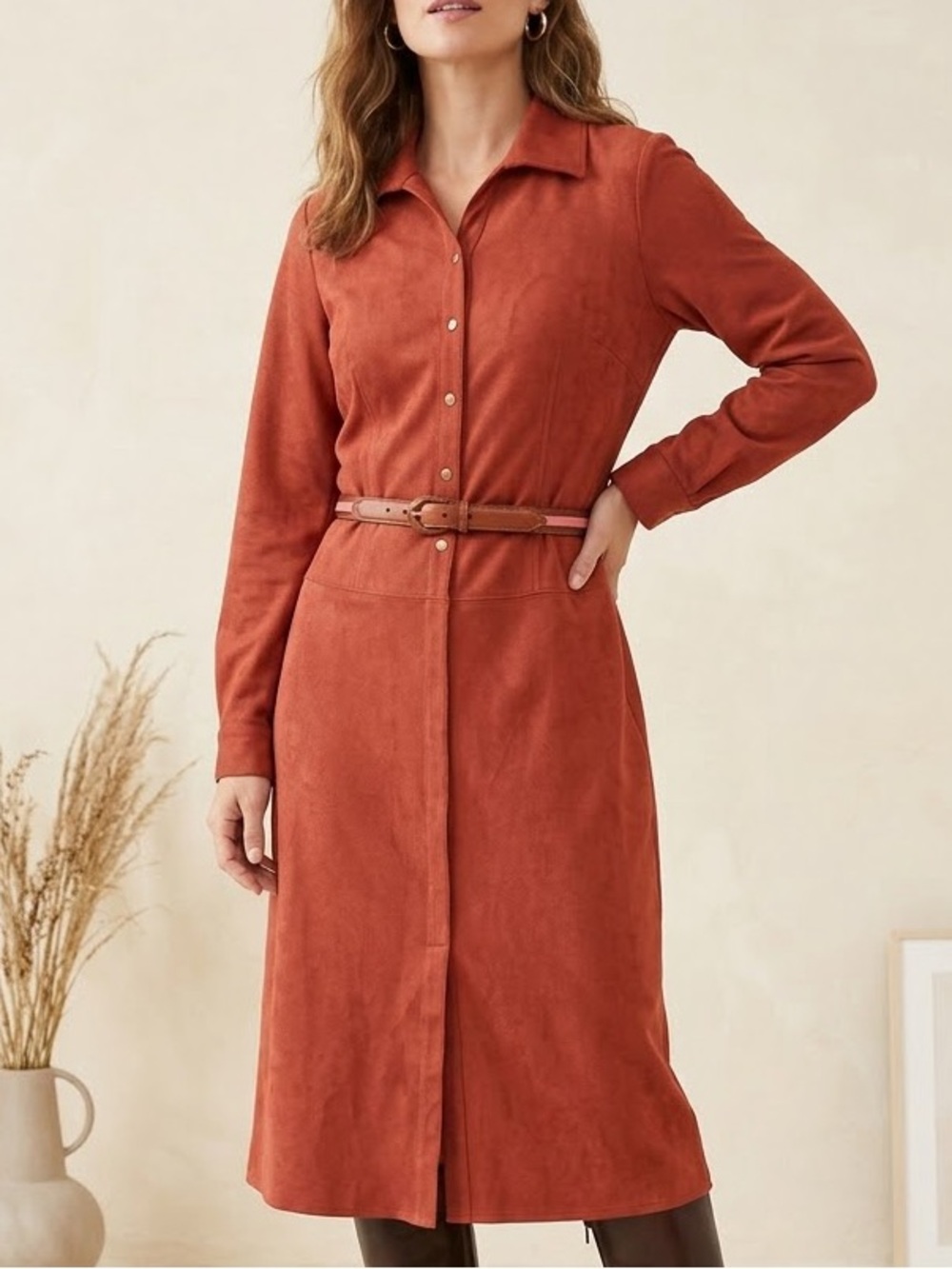 90s VTG Talbots Petites Rust Suede Shirt Dress 2P Western Boho Academia Prairie